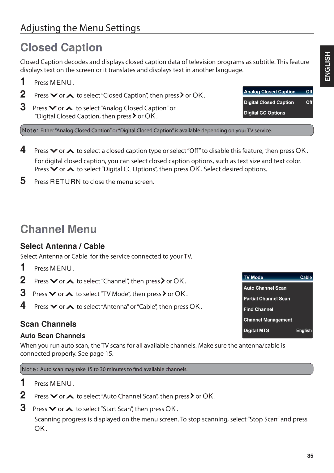 JVC JLE32BC3001, JLE42BC3001 user manual Closed Caption, Channel Menu, Select Antenna / Cable, Auto Scan Channels 