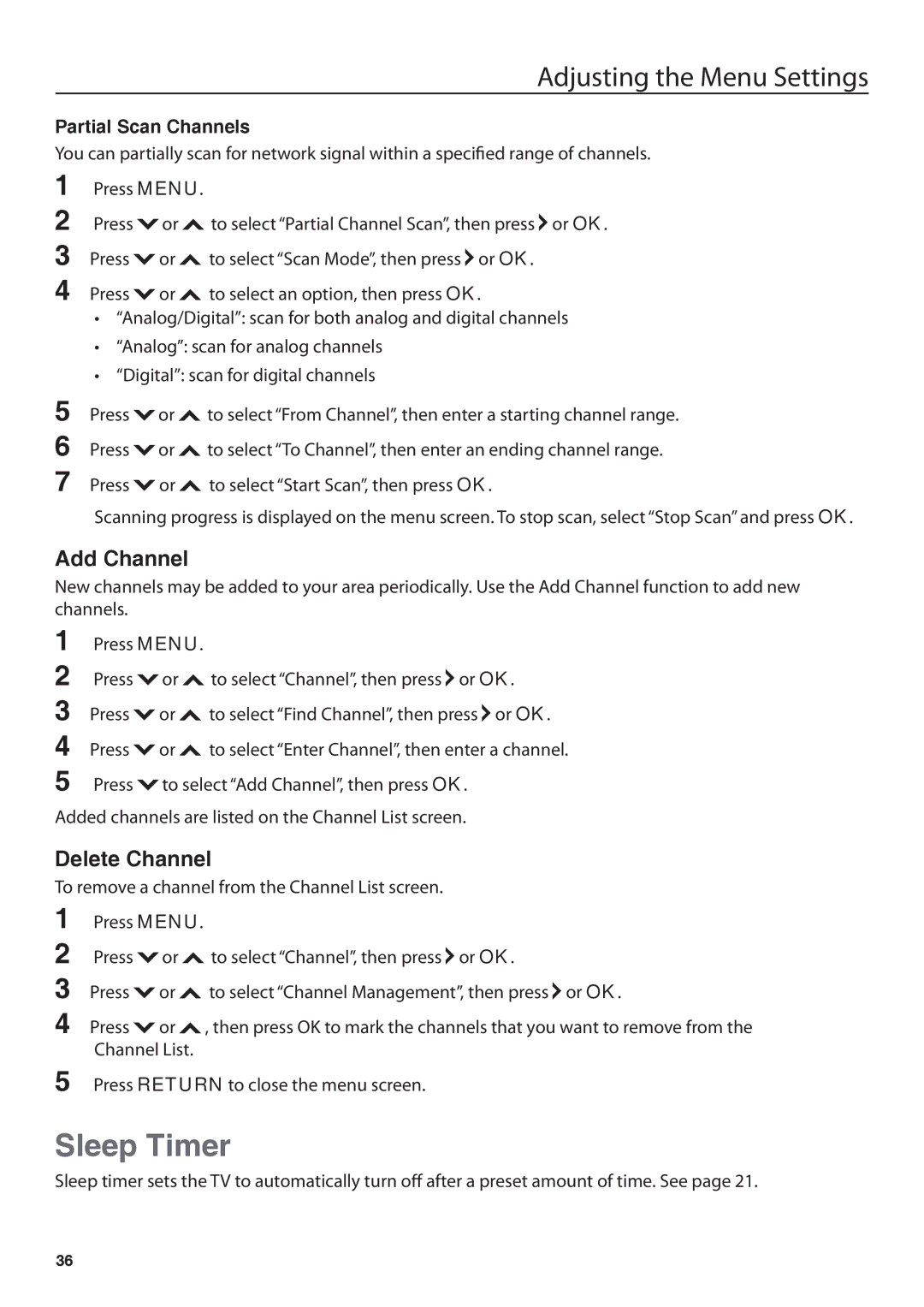 JVC JLE42BC3001, JLE32BC3001 user manual Sleep Timer, Add Channel, Delete Channel, Partial Scan Channels 