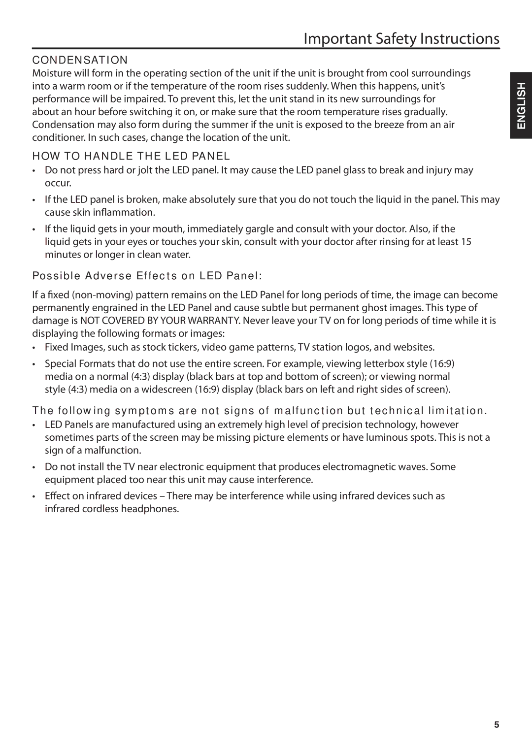 JVC JLE32BC3001, JLE42BC3001 user manual Condensation, Possible Adverse Effects on LED Panel 