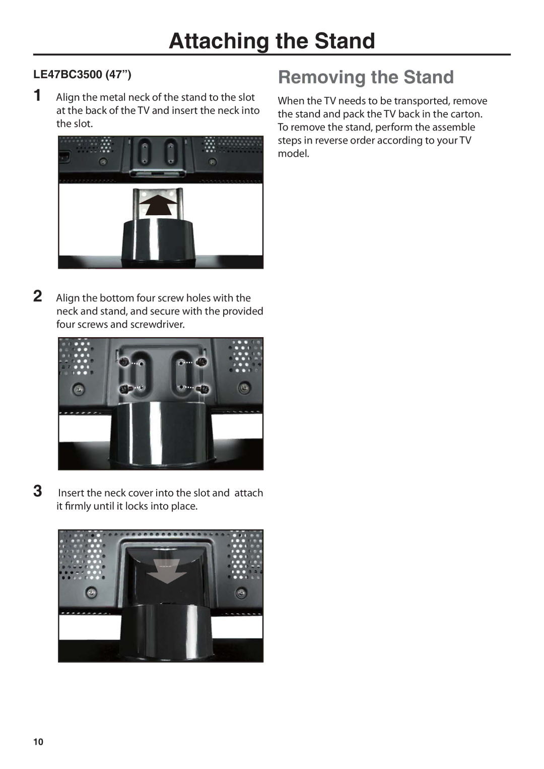 JVC JLE47BC3500 user manual Attaching the Stand, Removing the Stand 