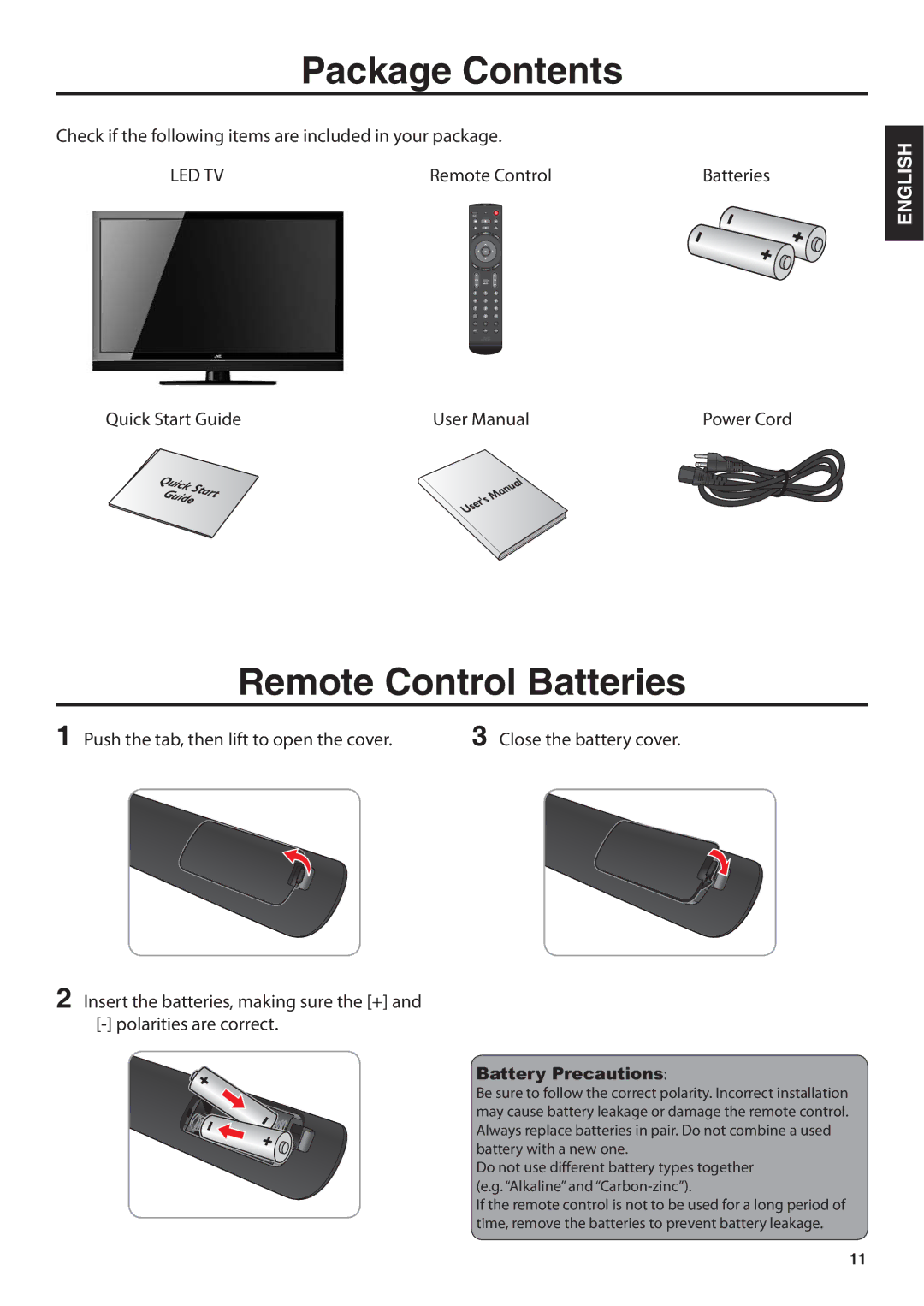 JVC JLE47BC3500 user manual Package Contents, Remote Control Batteries 