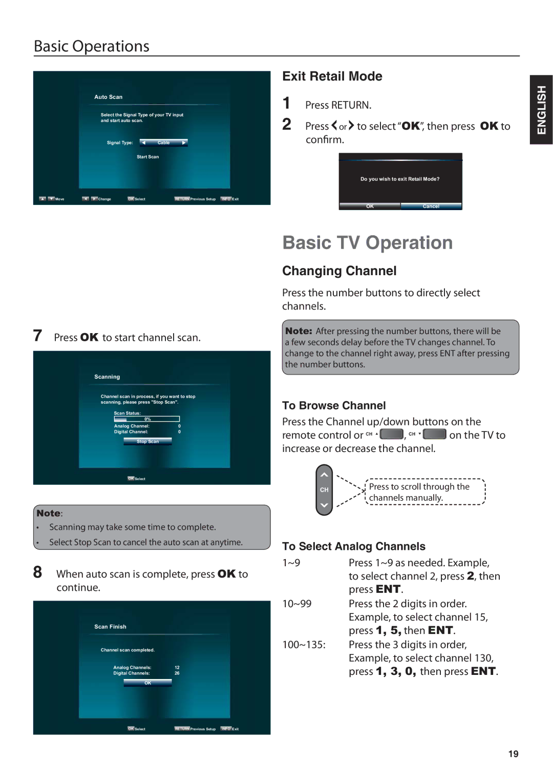 JVC JLE47BC3500 Basic TV Operation, Exit Retail Mode, Changing Channel, To Browse Channel, To Select Analog Channels 