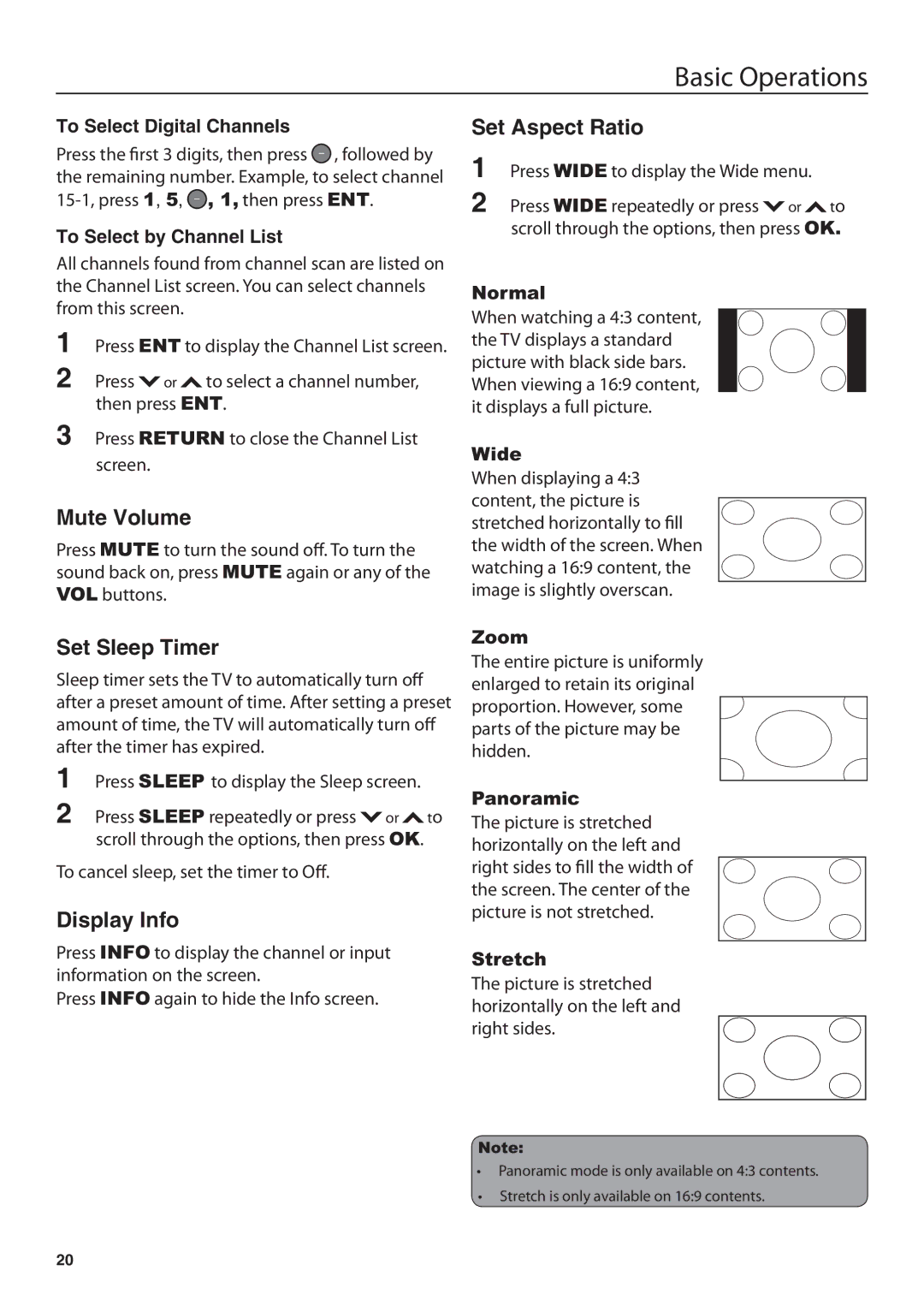 JVC JLE47BC3500 user manual Mute Volume, Set Sleep Timer, Display Info, Set Aspect Ratio 