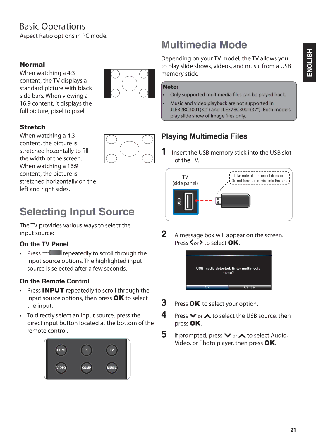 JVC JLE47BC3500 Selecting Input Source Multimedia Mode, Playing Multimedia Files, On the TV Panel, On the Remote Control 