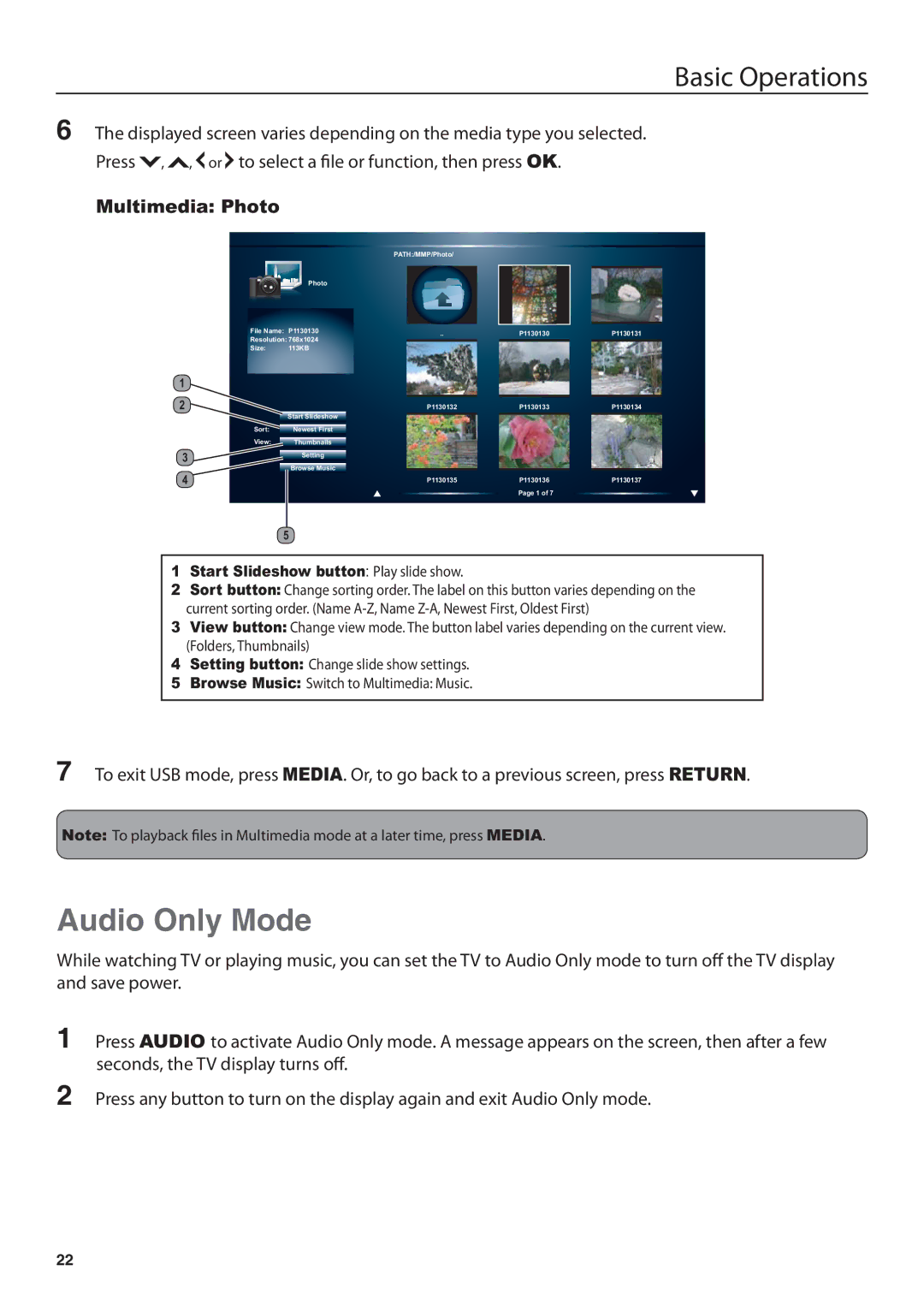 JVC JLE47BC3500 user manual Audio Only Mode, Multimedia Photo 