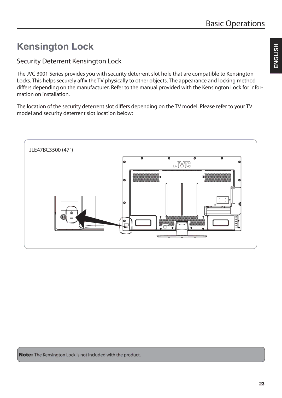 JVC JLE47BC3500 user manual Security Deterrent Kensington Lock 