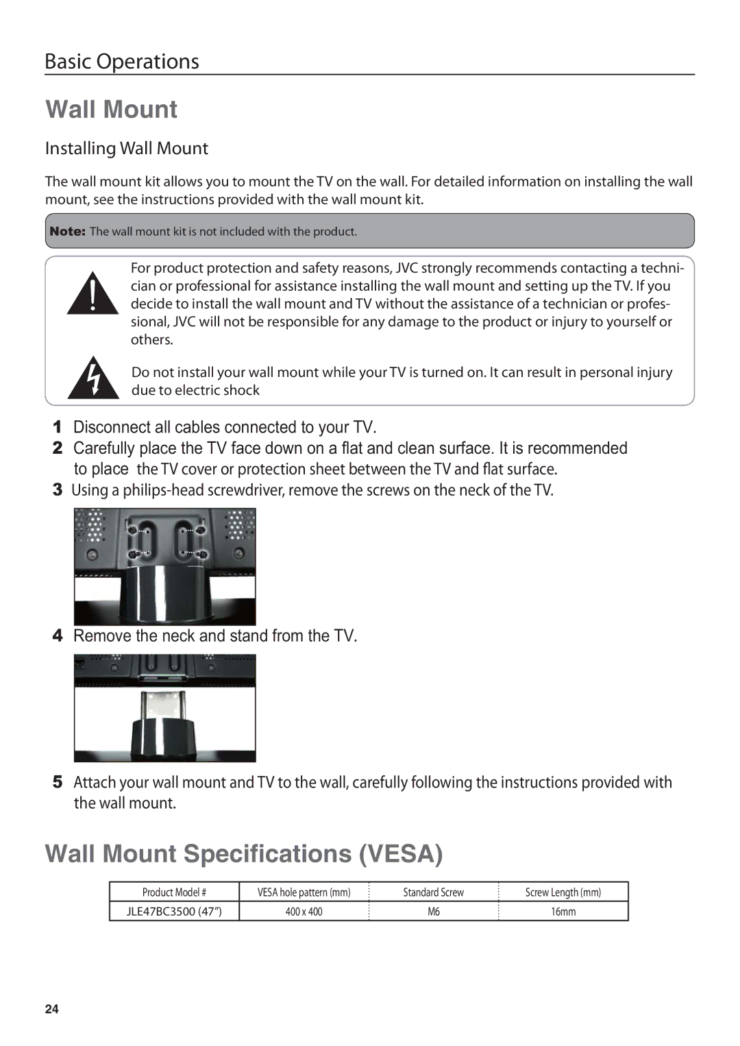 JVC JLE47BC3500 user manual Installing Wall Mount 