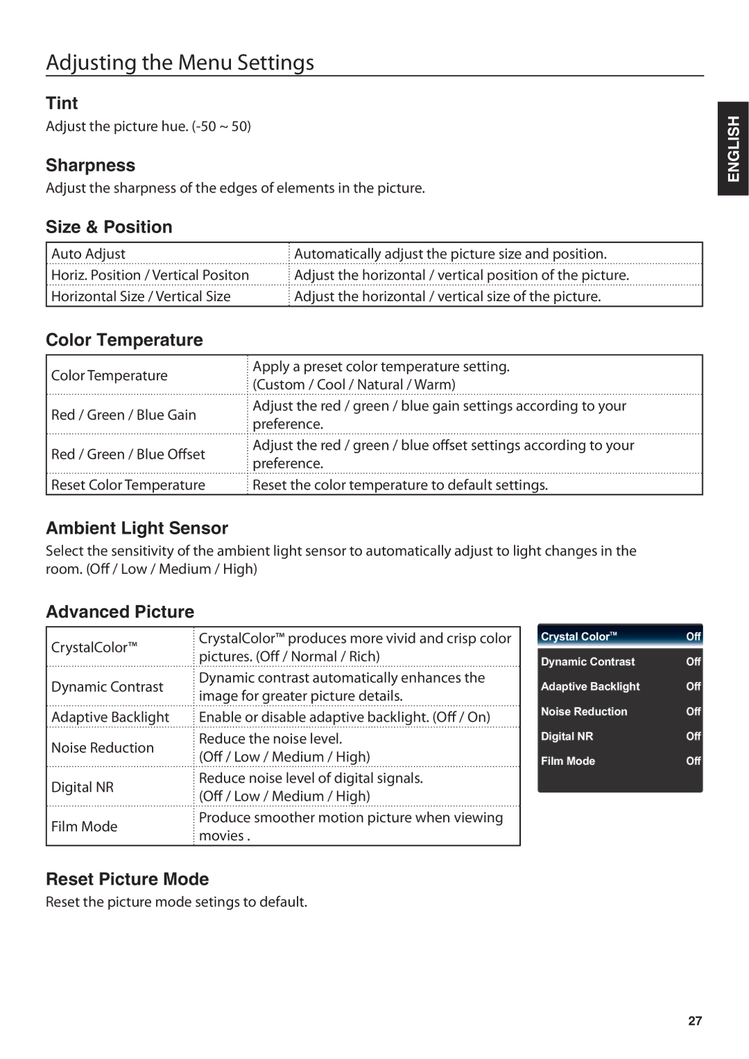 JVC JLE47BC3500 user manual Tint, Sharpness, Size & Position, Color Temperature, Ambient Light Sensor, Advanced Picture 