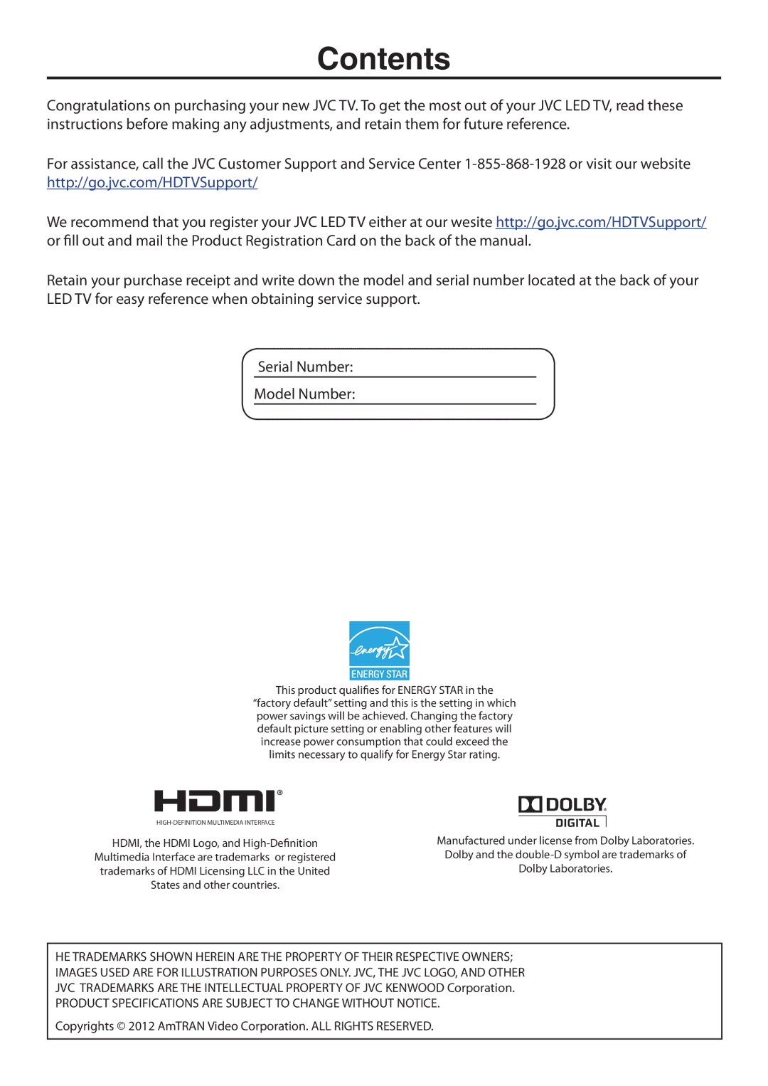 JVC JLE47BC3500 user manual Contents 