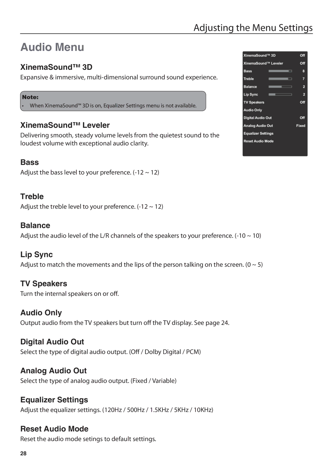 JVC JLE47BC3500 user manual Audio Menu 