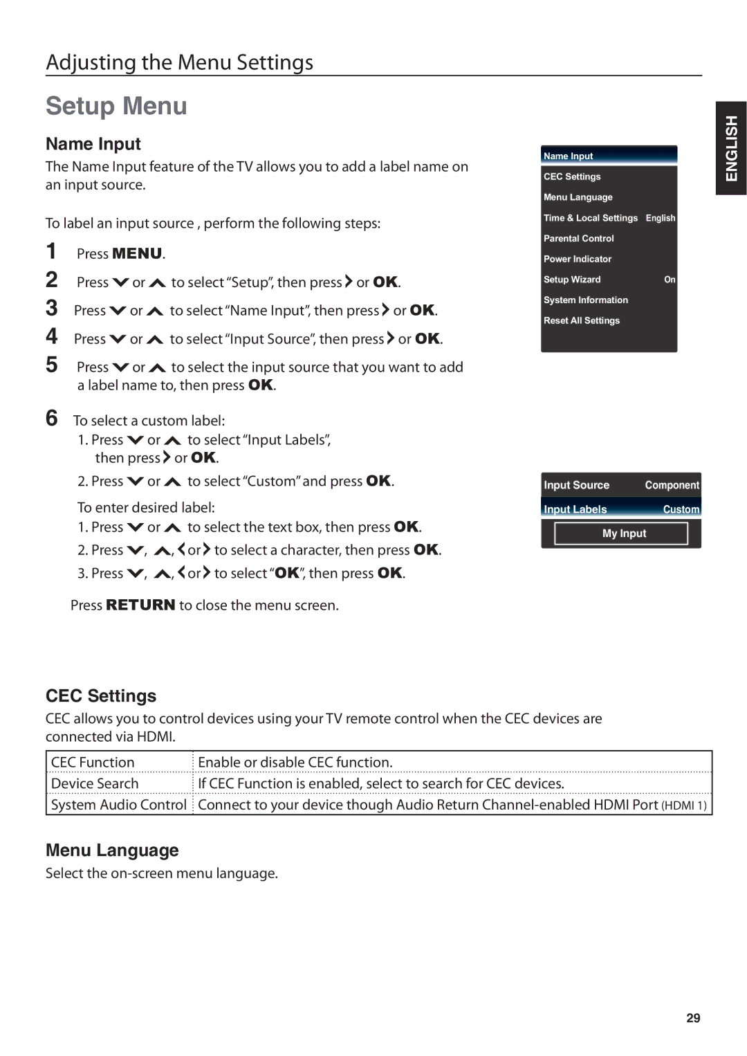 JVC JLE47BC3500 user manual Setup Menu, Name Input, CEC Settings, Menu Language 