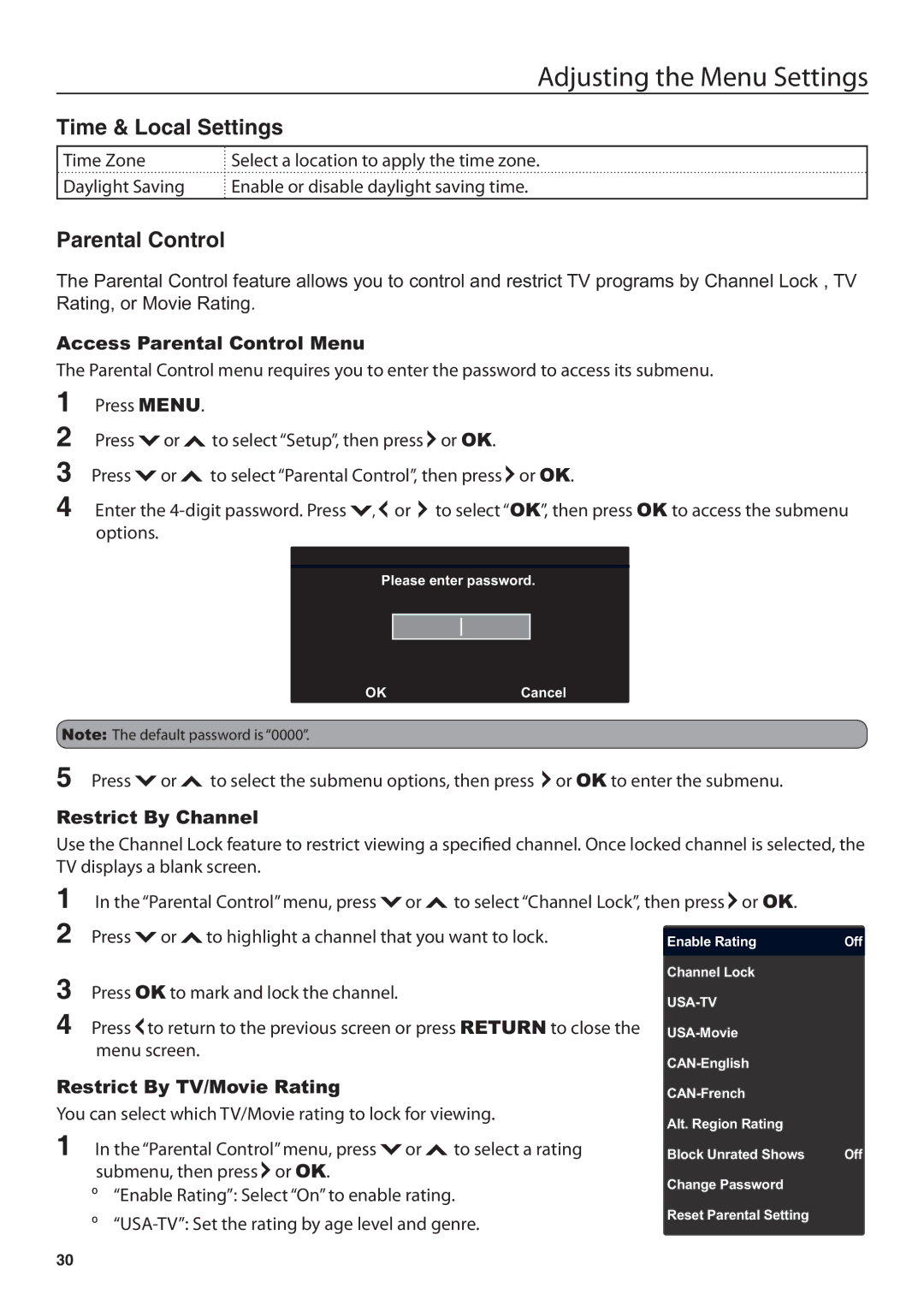 JVC JLE47BC3500 user manual Time & Local Settings, Parental Control 