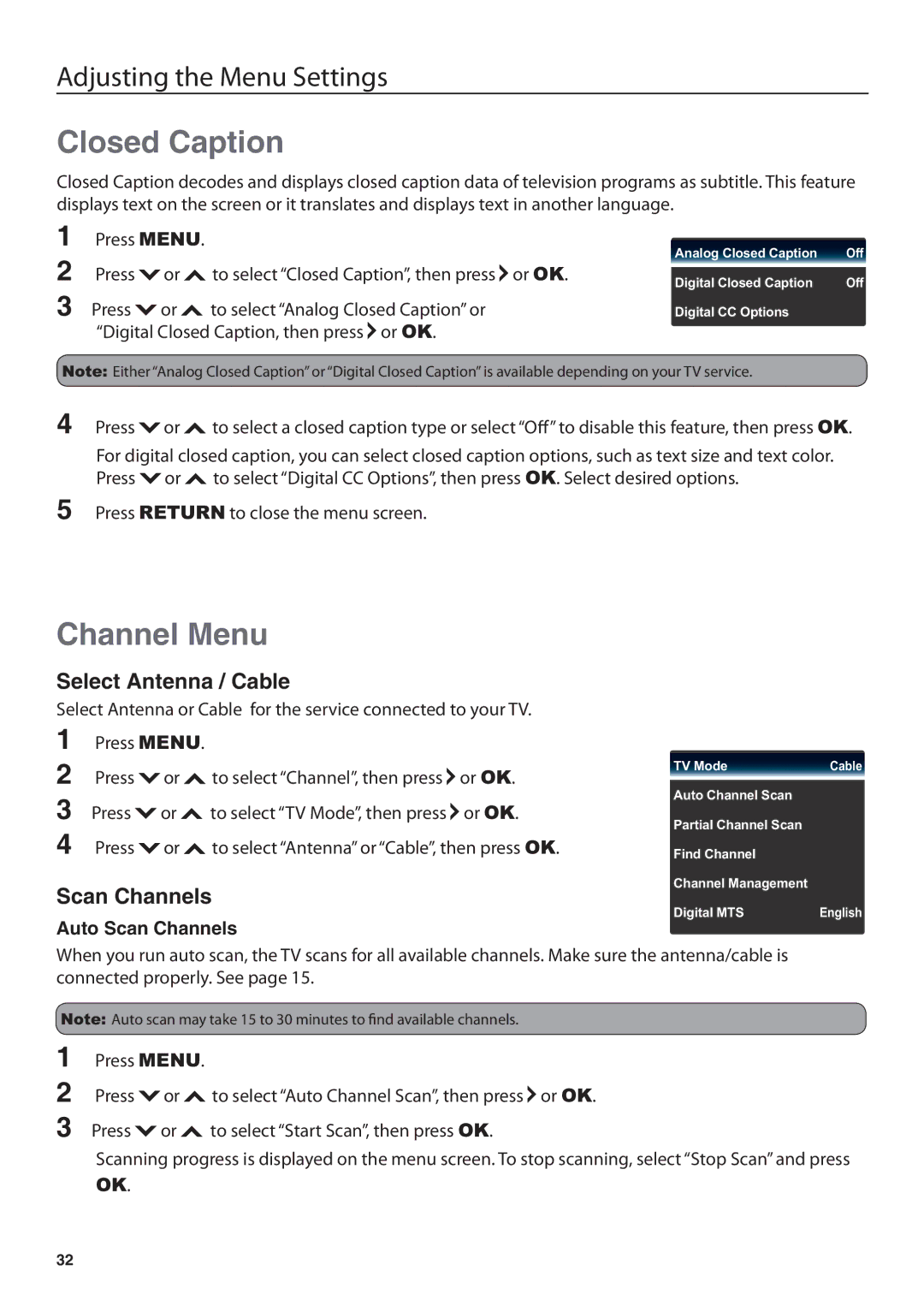 JVC JLE47BC3500 user manual Closed Caption, Channel Menu, Select Antenna / Cable, Auto Scan Channels 