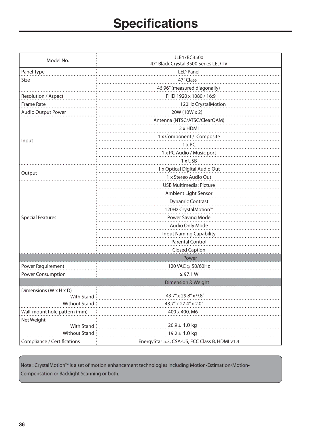 JVC user manual Model No JLE47BC3500 