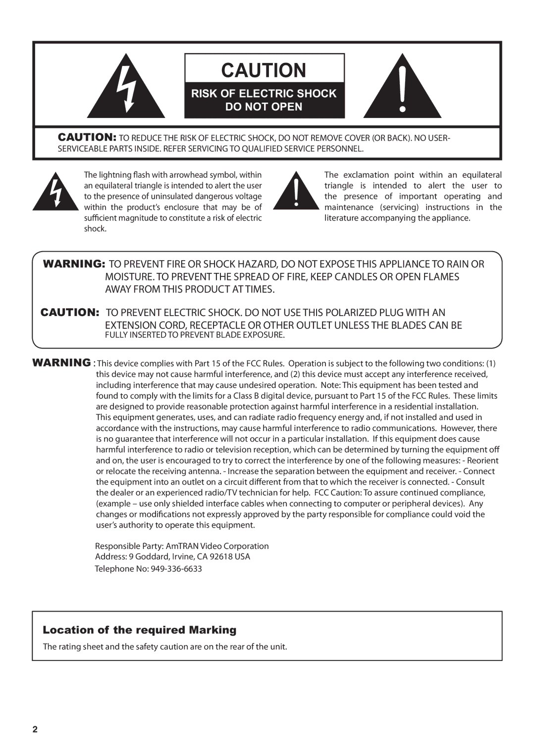 JVC JLE47BC3500 user manual Risk of Electric Shock Do not Open, Location of the required Marking 