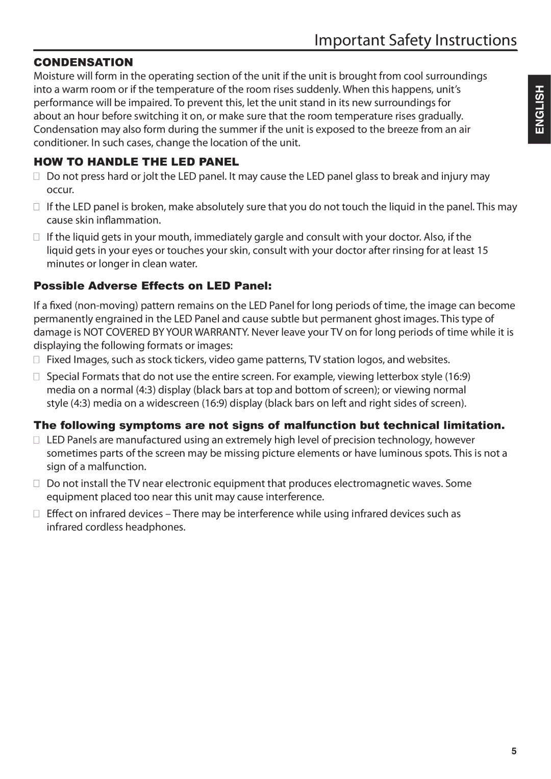 JVC JLE47BC3500 user manual Condensation, Possible Adverse Effects on LED Panel 