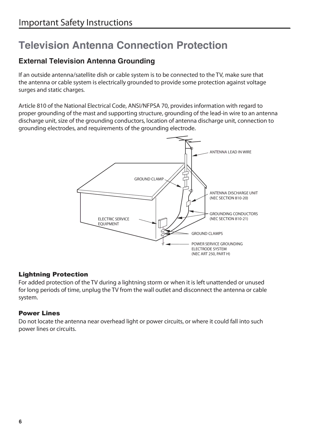 JVC JLE47BC3500 Television Antenna Connection Protection, External Television Antenna Grounding, Lightning Protection 