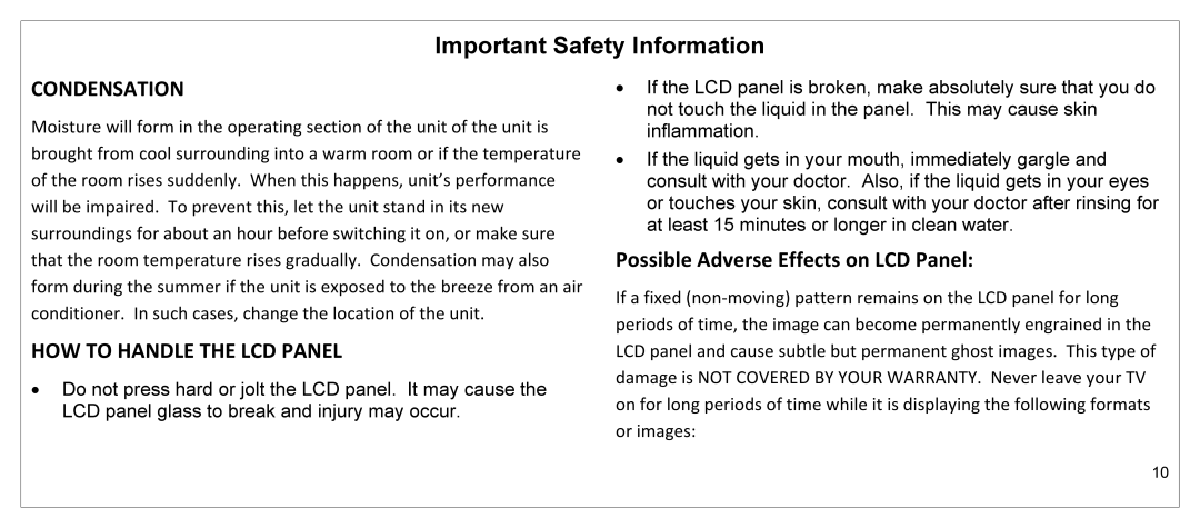 JVC JLE55SP4000 manual Condensation, Possible Adverse Effects on LCD Panel 