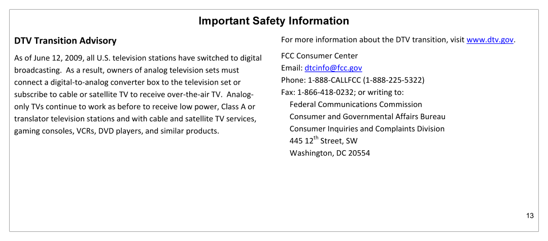 JVC JLE55SP4000 manual DTV Transition Advisory, Email dtcinfo@fcc.gov 