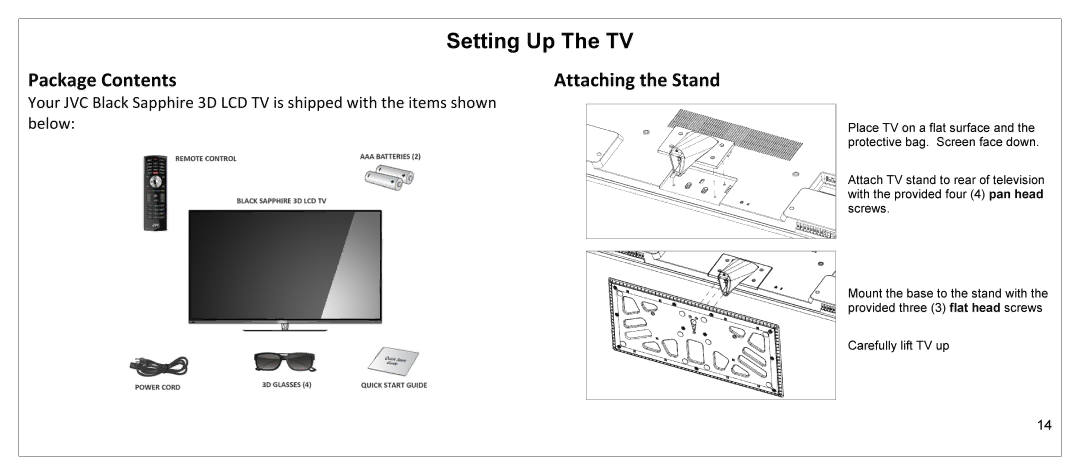 JVC JLE55SP4000 manual Setting Up The TV, Package Contents 