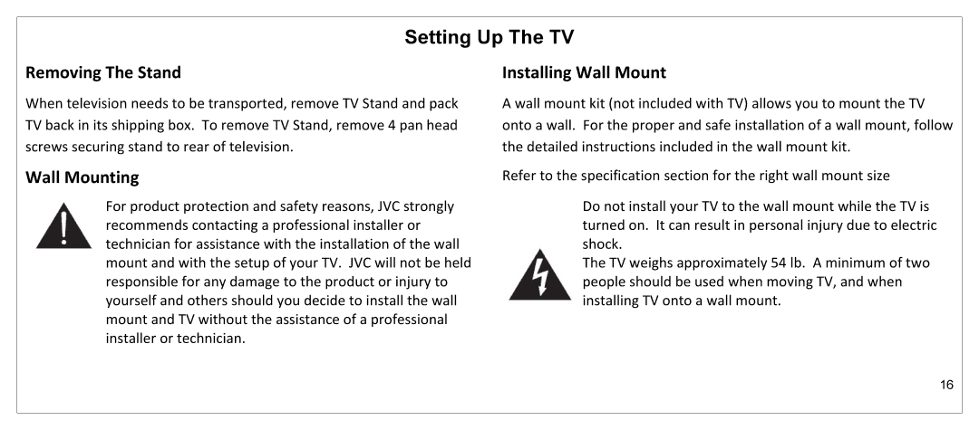 JVC JLE55SP4000 manual Removing The Stand, Wall Mounting, Installing Wall Mount 