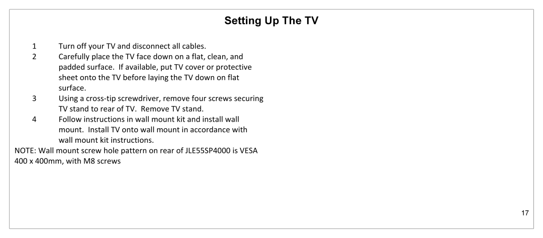 JVC JLE55SP4000 manual Setting Up The TV 