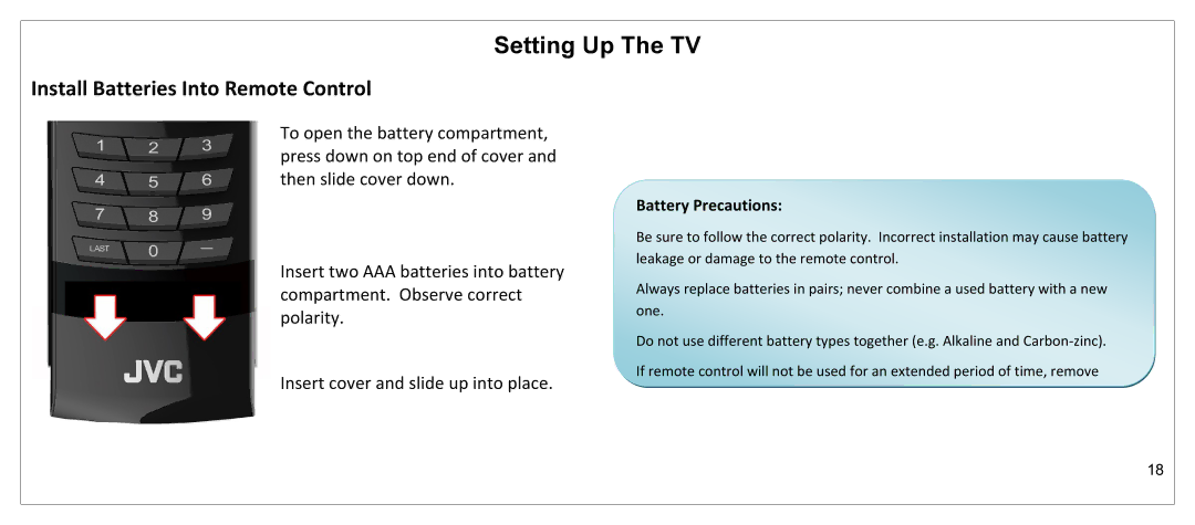 JVC JLE55SP4000 manual Install Batteries Into Remote Control, Battery Precautions 