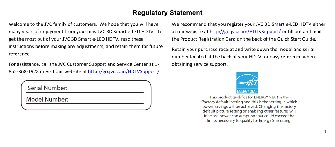 JVC JLE55SP4000 manual Regulatory Statement 