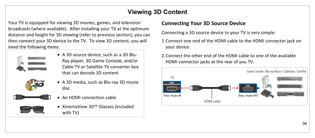 JVC JLE55SP4000 manual Viewing 3D Content, Connecting Your 3D Source Device 