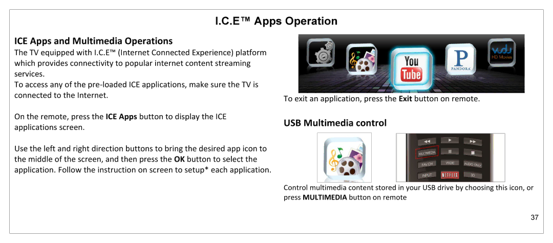 JVC JLE55SP4000 manual E Apps Operation, ICE Apps and Multimedia Operations, USB Multimedia control 