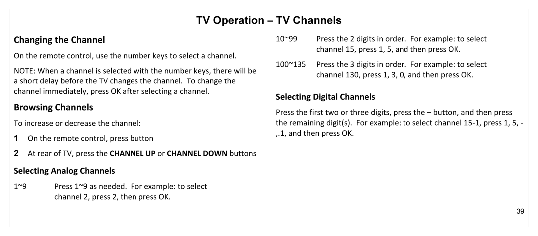 JVC JLE55SP4000 manual TV Operation TV Channels, Changing the Channel, Browsing Channels 