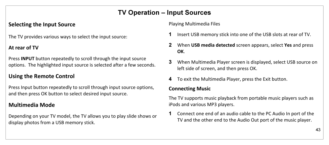 JVC JLE55SP4000 manual TV Operation Input Sources, Selecting the Input Source, Using the Remote Control, Multimedia Mode 