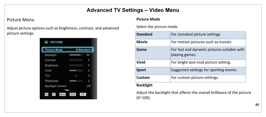 JVC JLE55SP4000 manual Picture Menu, Picture Mode 