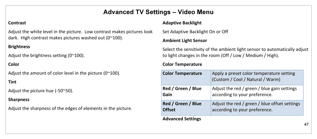 JVC JLE55SP4000 Contrast, Brightness, Tint, Sharpness, Adaptive Backlight, Ambient Light Sensor, Color Temperature 