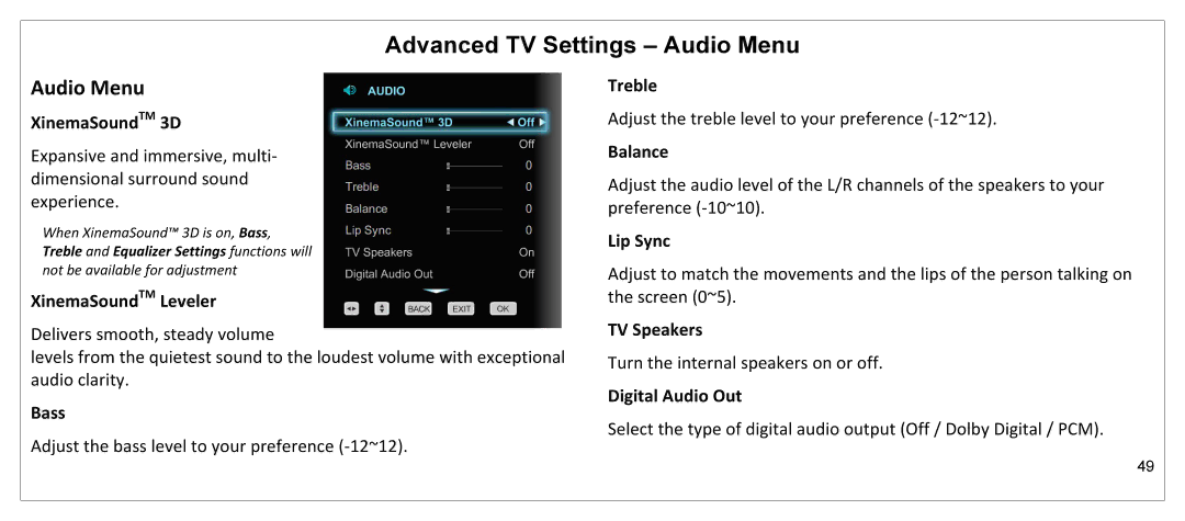 JVC JLE55SP4000 manual Advanced TV Settings Audio Menu 