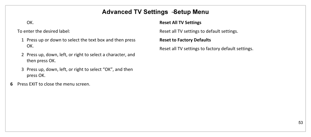 JVC JLE55SP4000 manual Reset All TV Settings, Reset to Factory Defaults 