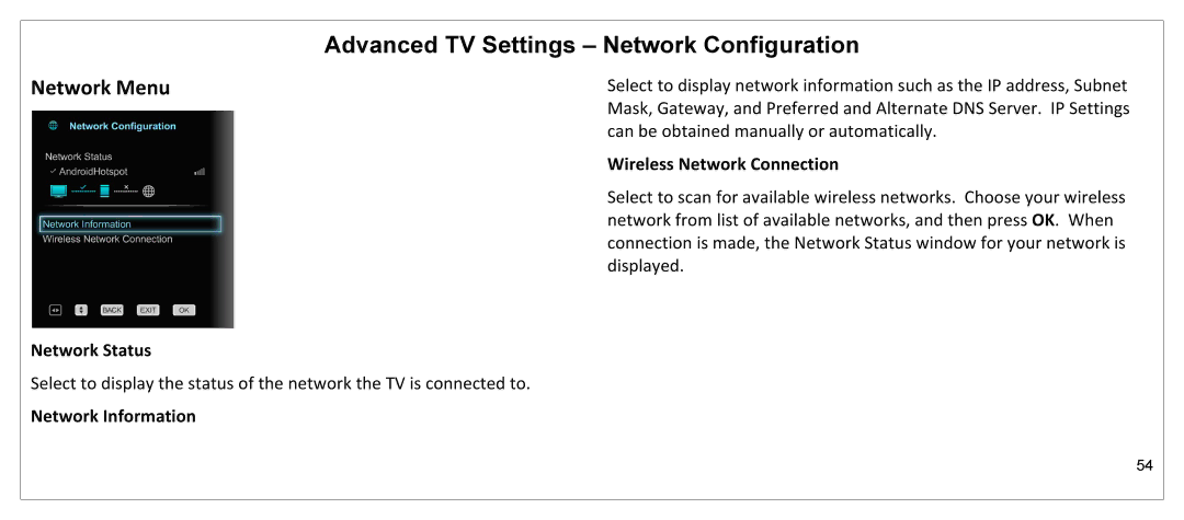 JVC JLE55SP4000 Advanced TV Settings Network Configuration, Network Menu, Wireless Network Connection, Network Status 