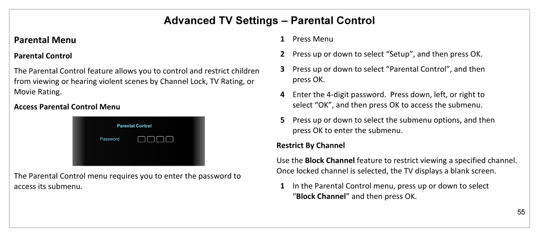 JVC JLE55SP4000 Advanced TV Settings Parental Control, Parental Menu, Access Parental Control Menu, Restrict By Channel 