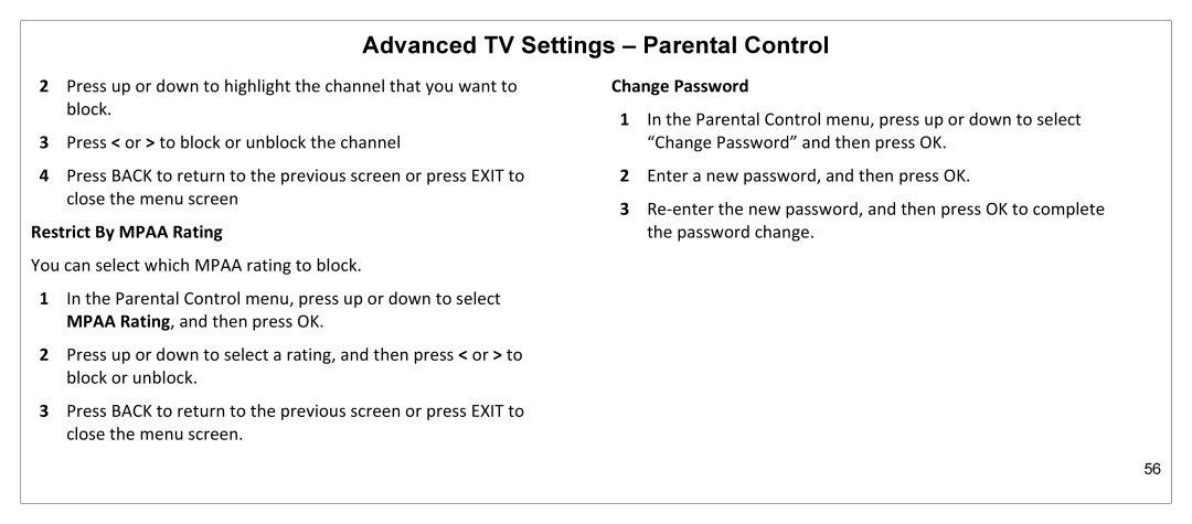 JVC JLE55SP4000 manual Restrict By Mpaa Rating, Change Password 