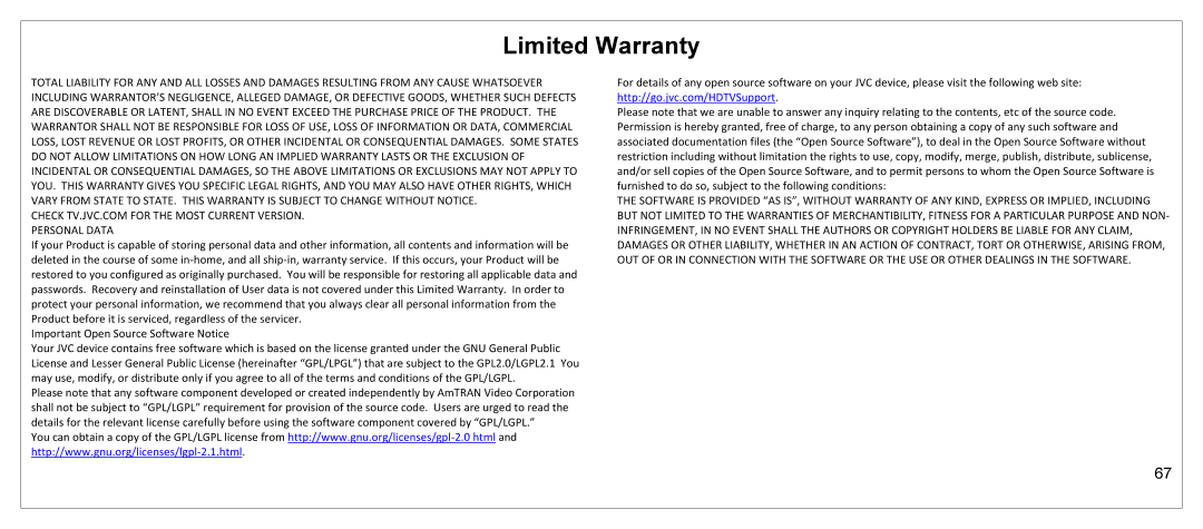 JVC JLE55SP4000 manual Limited Warranty 