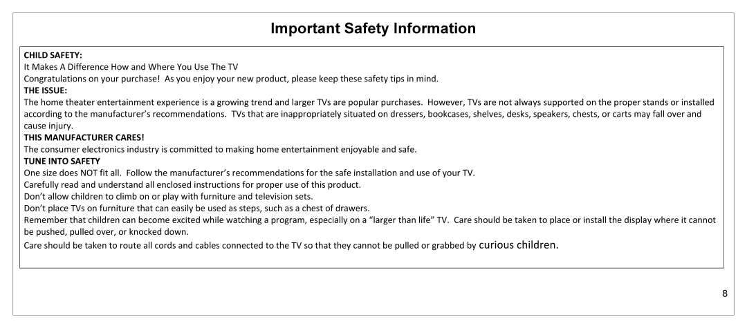 JVC JLE55SP4000 manual Child Safety 