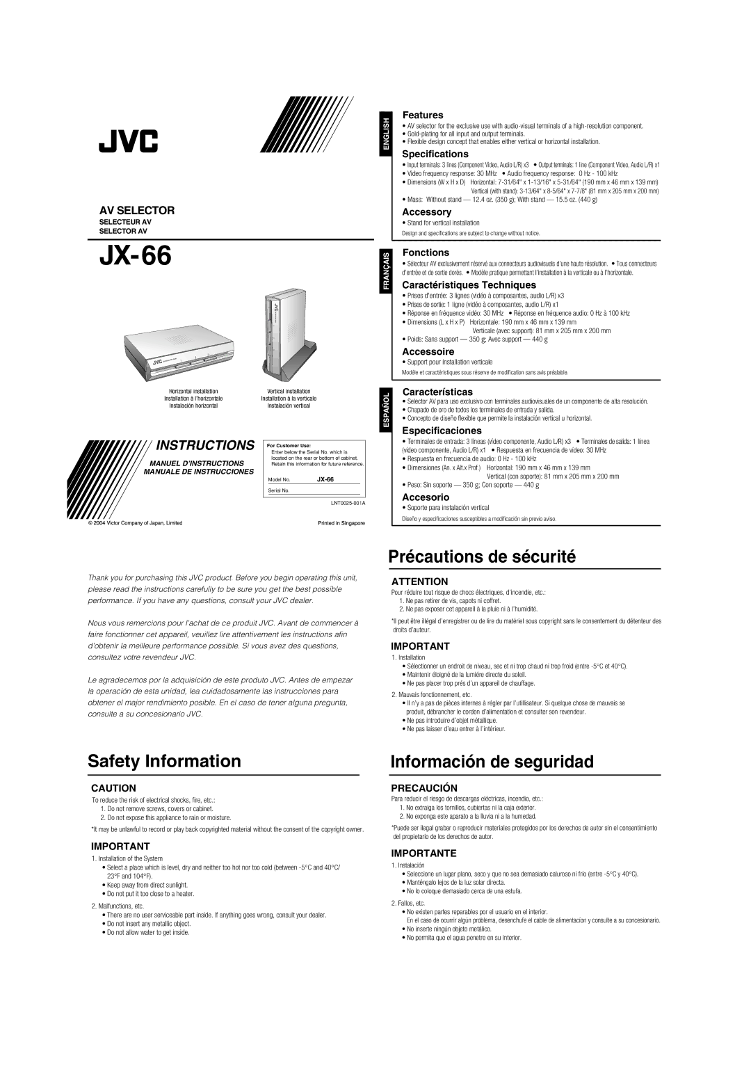 JVC JX-66 specifications Précautions de sécurité, Safety Information, Información de seguridad 