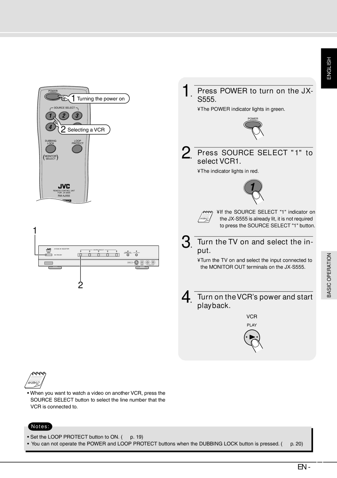 JVC JX-B555 manual Turning the power on, Selecting a VCR, Power indicator lights in green 