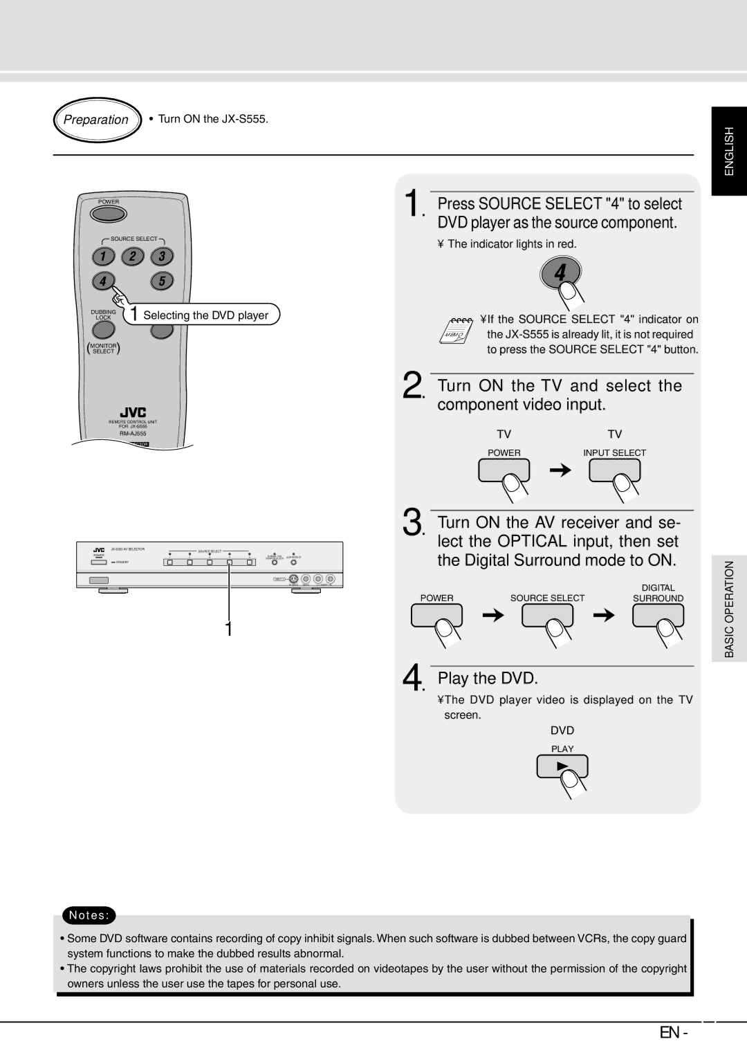 JVC JX-B555 manual Preparation Turn on the JX-S555, LOCKSelectingPROTECT the DVD player 