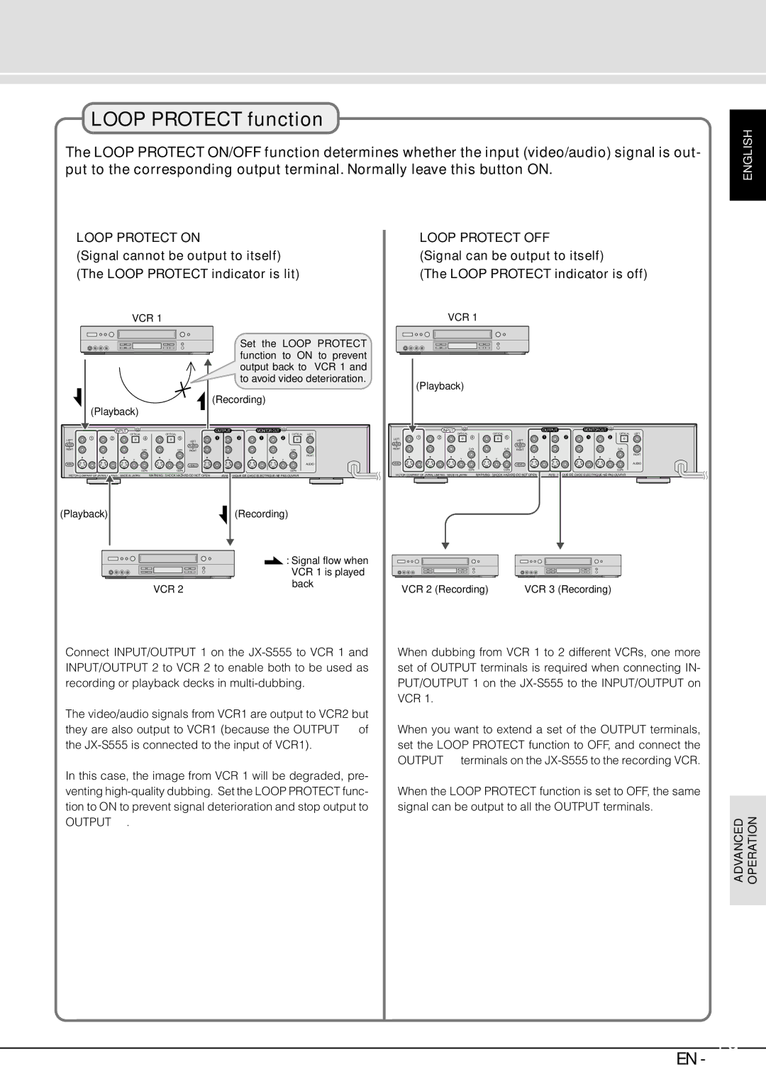 JVC JX-B555 manual Loop Protect function, Recording Signal flow when VCR 1 is played back Playback, VCR 2 Recording 