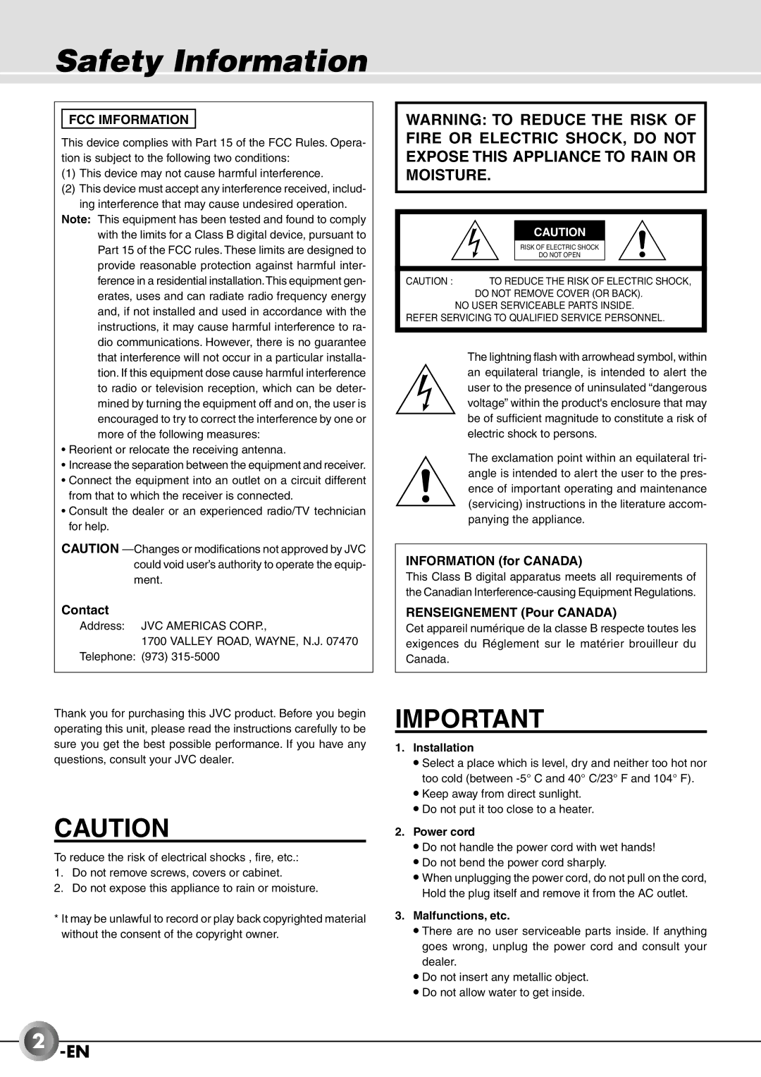 JVC JX-B555 manual Safety Information, Contact, Information for Canada, Renseignement Pour Canada 