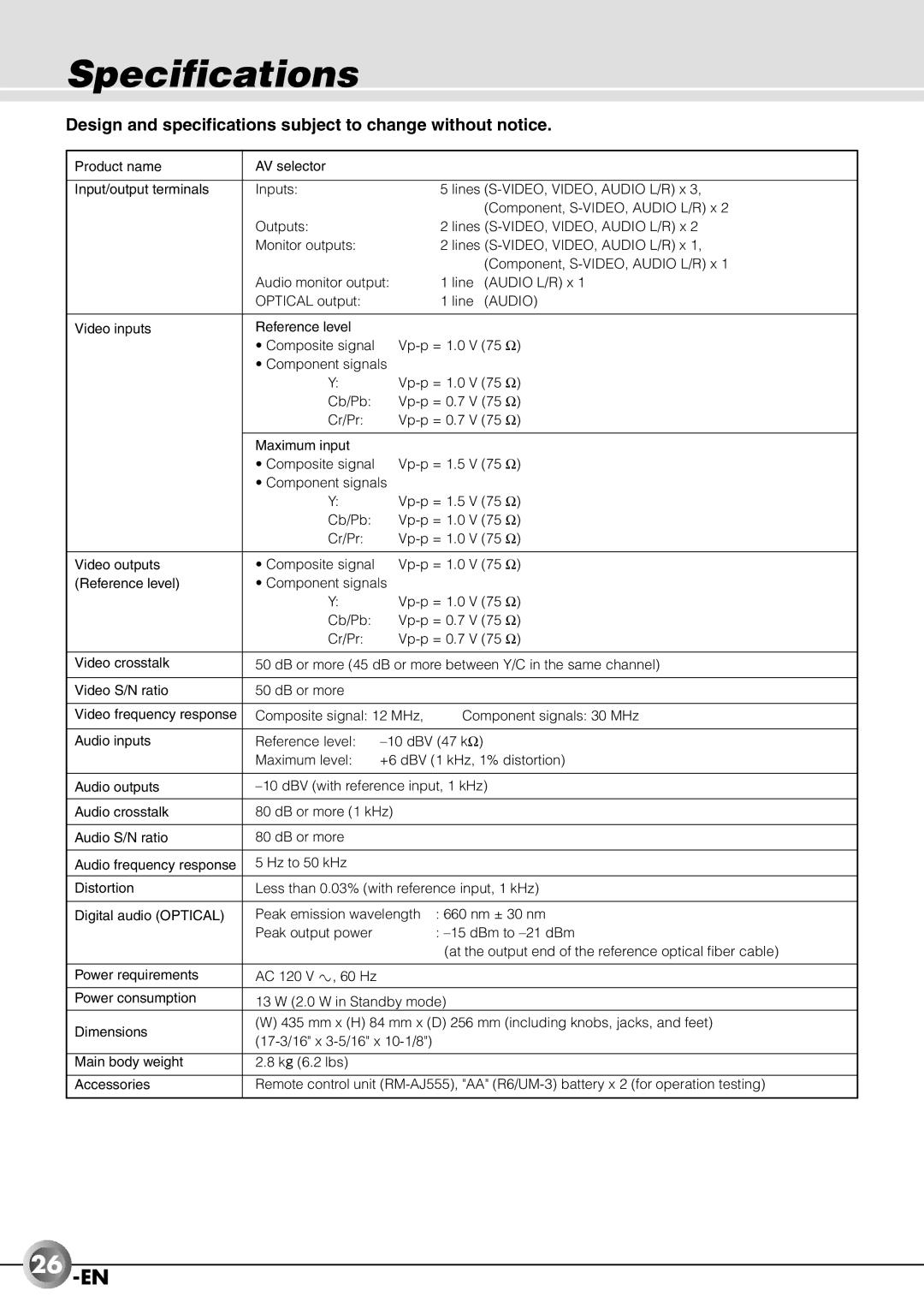 JVC JX-B555 manual Specifications, 26 -EN, Design and specifications subject to change without notice 