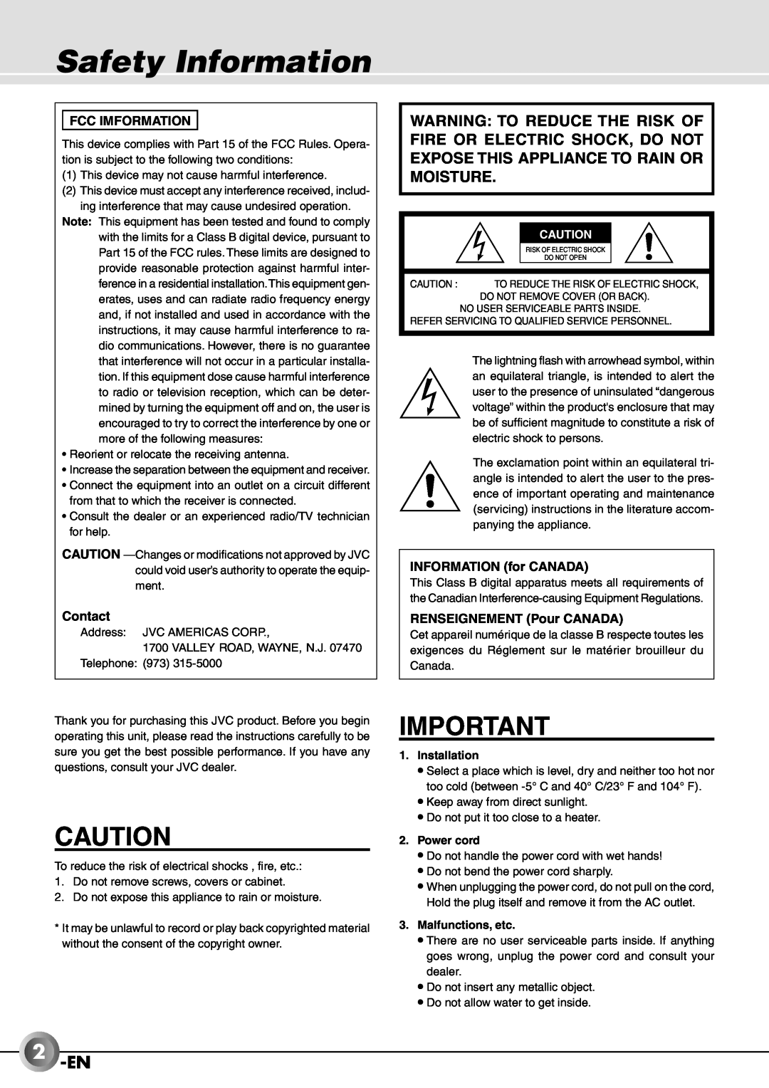 JVC JX-B555 manual Safety Information, 2-EN, Fcc Imformation, Contact, INFORMATION for CANADA, RENSEIGNEMENT Pour CANADA 
