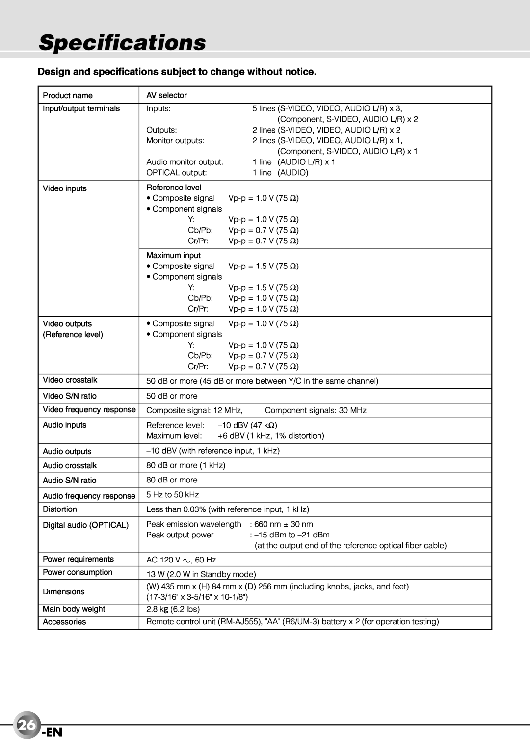 JVC JX-B555 manual Specifications, 26-EN 
