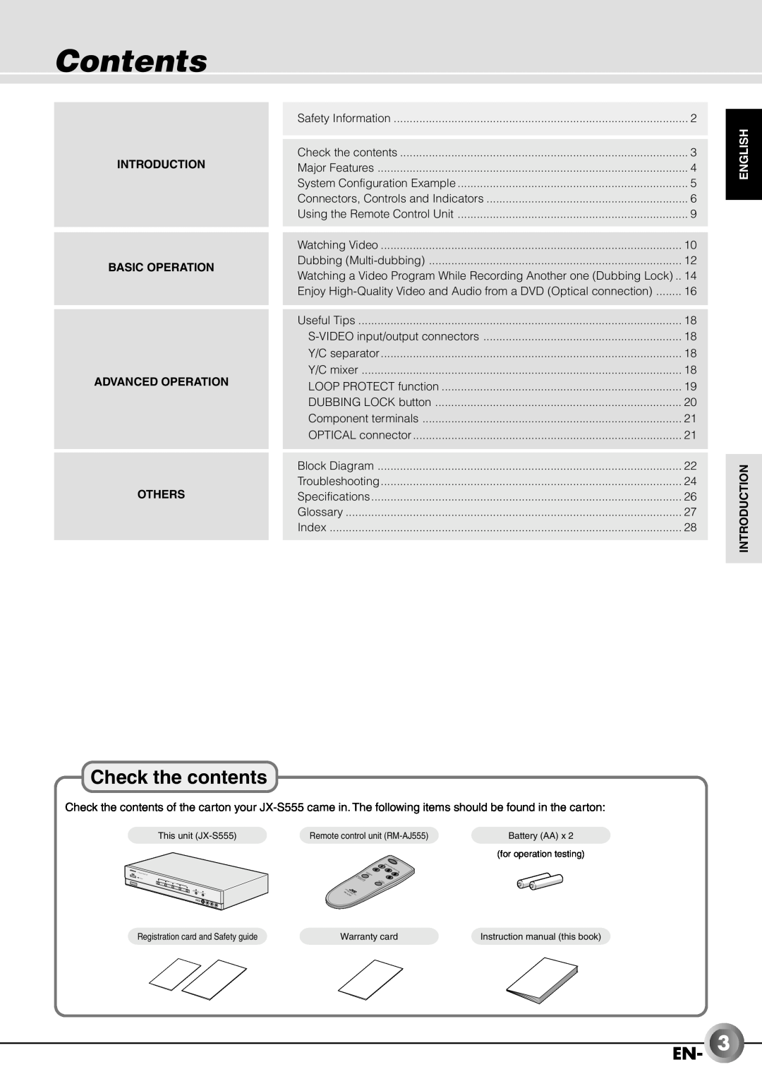 JVC JX-B555 manual Contents, Check the contents, Introduction Basic Operation Advanced Operation, Others, English, Digital 